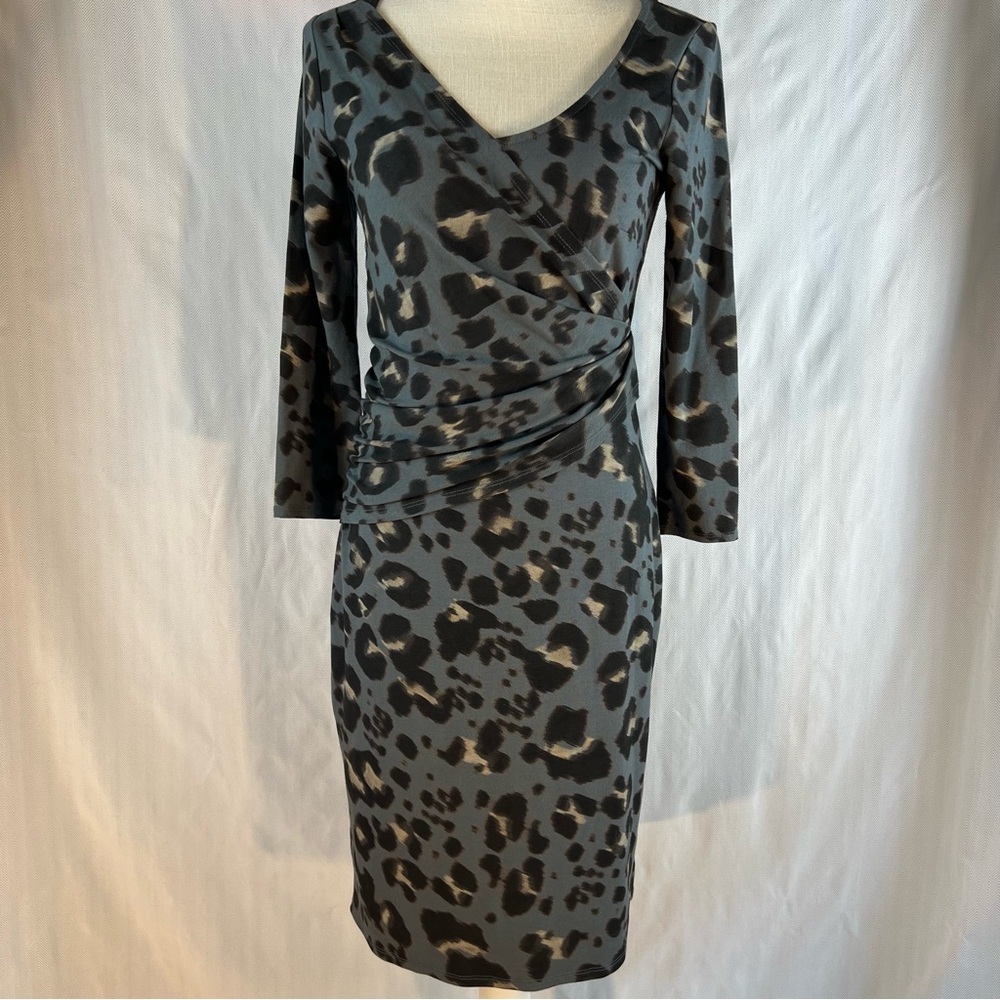 Ann Taylor Black & Gray Animal Print Faux Wrap Ruched Waist Fitted Dress XS